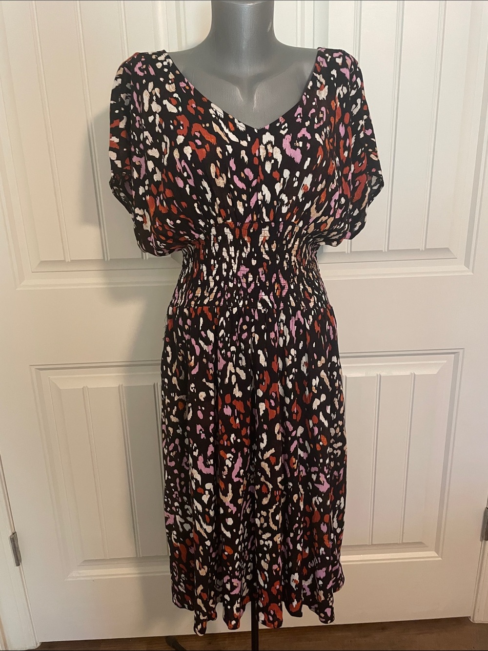 Robert Louis Black Midi Dress with Red, Pink & Cream Abstract Spots